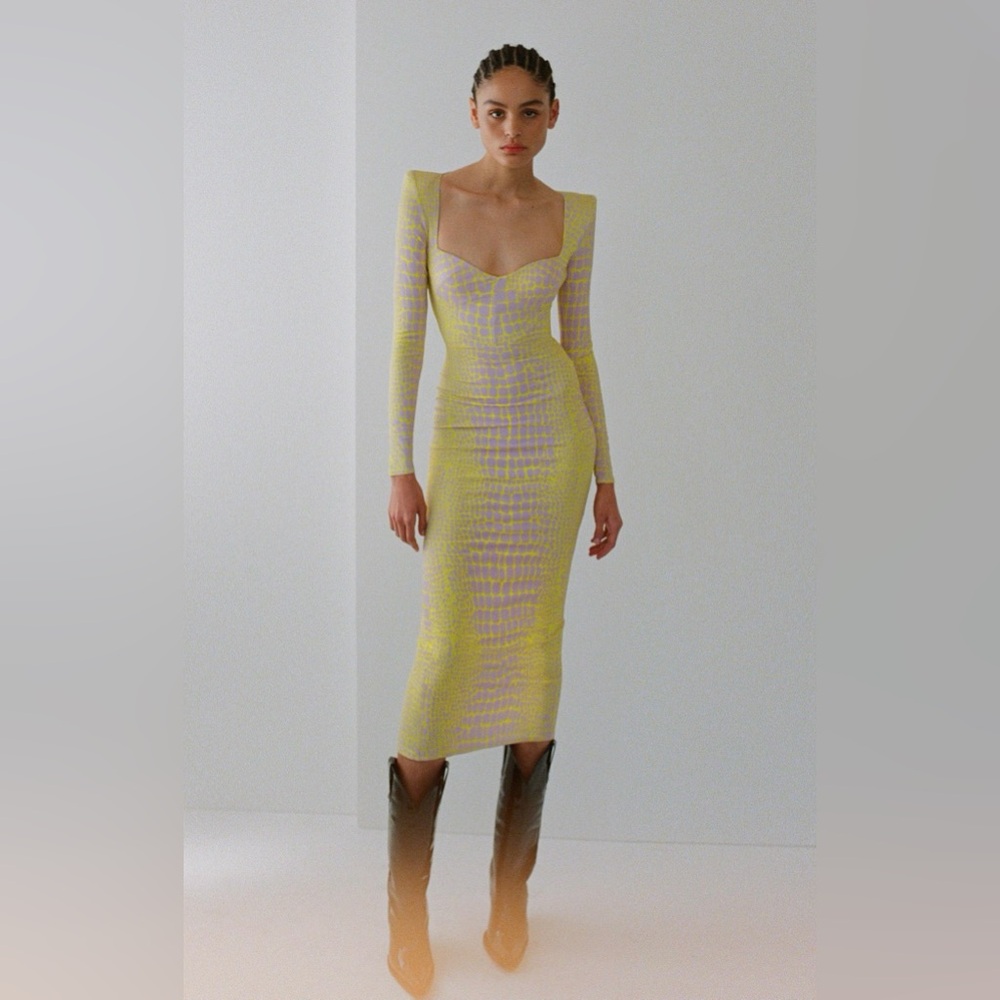 Alex Perry NEW Lennon Croc Print Neon Stretch Jersey Midi Sweetheart Dress US 2